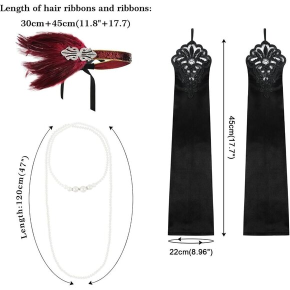 1920s Flapper Accessories Set Pearl Necklace Gloves Feather Headband